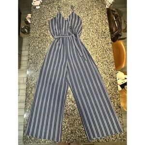Navy Blue Striped Straight Leg Jumpsuit With Sash
